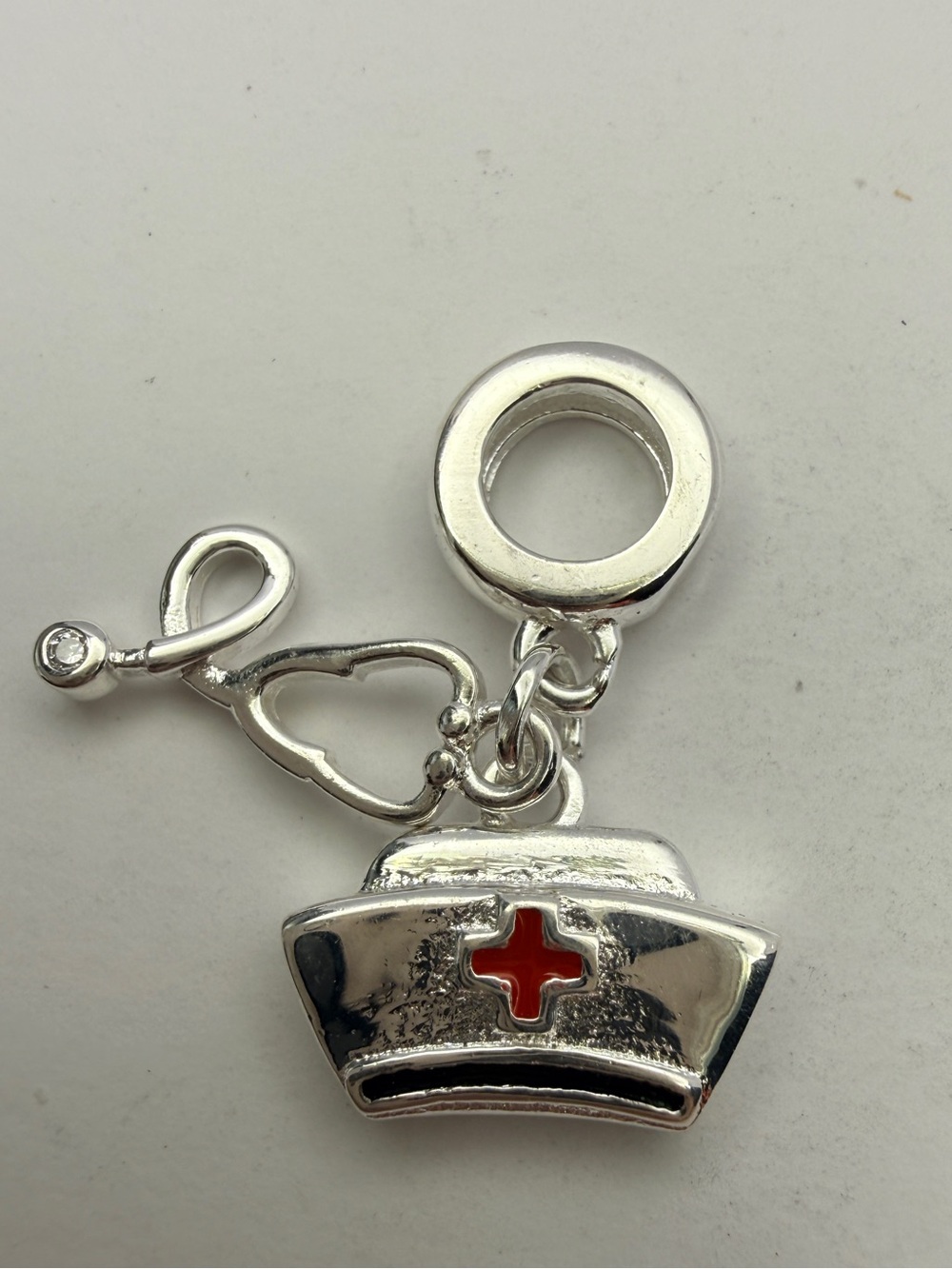 Silver Nurse Hat Dangle Charm with Red Cross Accent